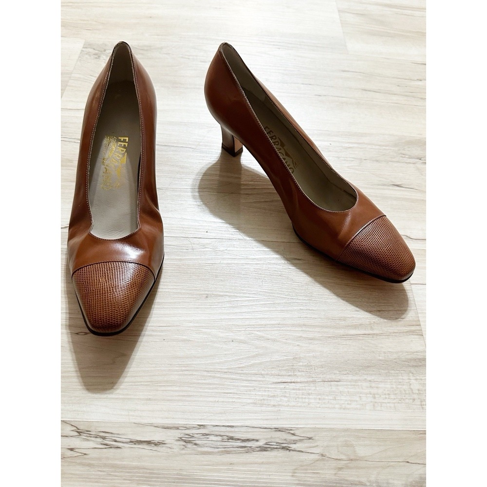 Salvatore Ferragamo Margaret Tan Calf Lizard Heels Shoes Pumps‎ Womens Sz 12